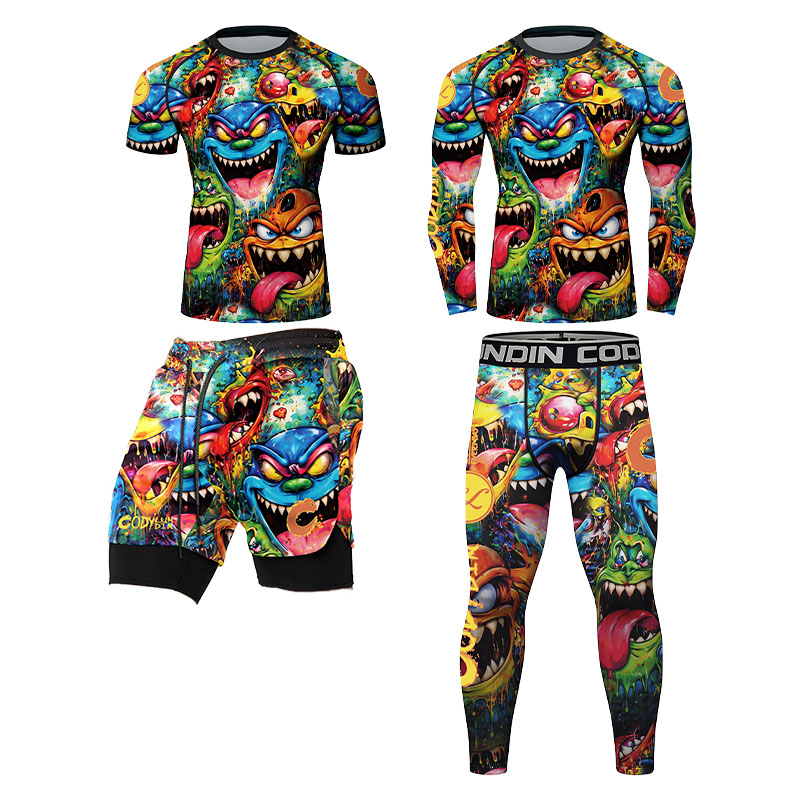 Monstera - 3D Bunter Monster-Graffiti Herren-Kompressions-Rashguard mit Lang-