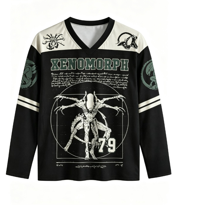 Monstera - Unisex Vintage Xenomorph V-Ausschnitt Langarm-Netzshirt Retro
